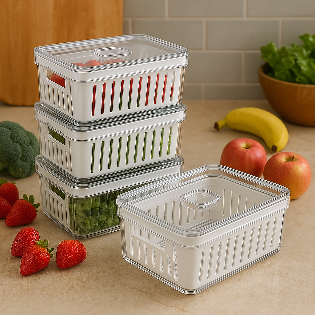 Kit Organizador de Geladeira FreshBox | 4 Potes com Cesto Interno