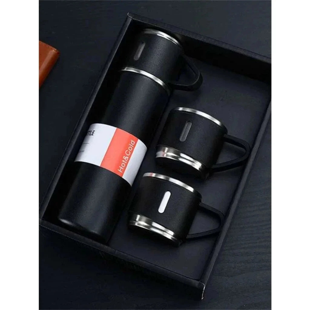 Kit Garrafa Térmica Vedação a Vácuo em Inox 500ml + 3 Xícaras