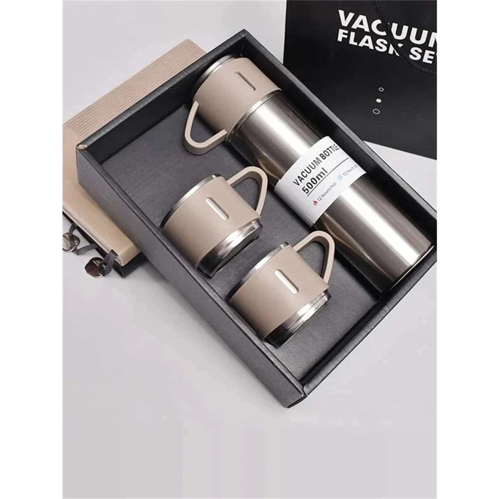 Kit Garrafa Térmica Vedação a Vácuo em Inox 500ml + 3 Xícaras