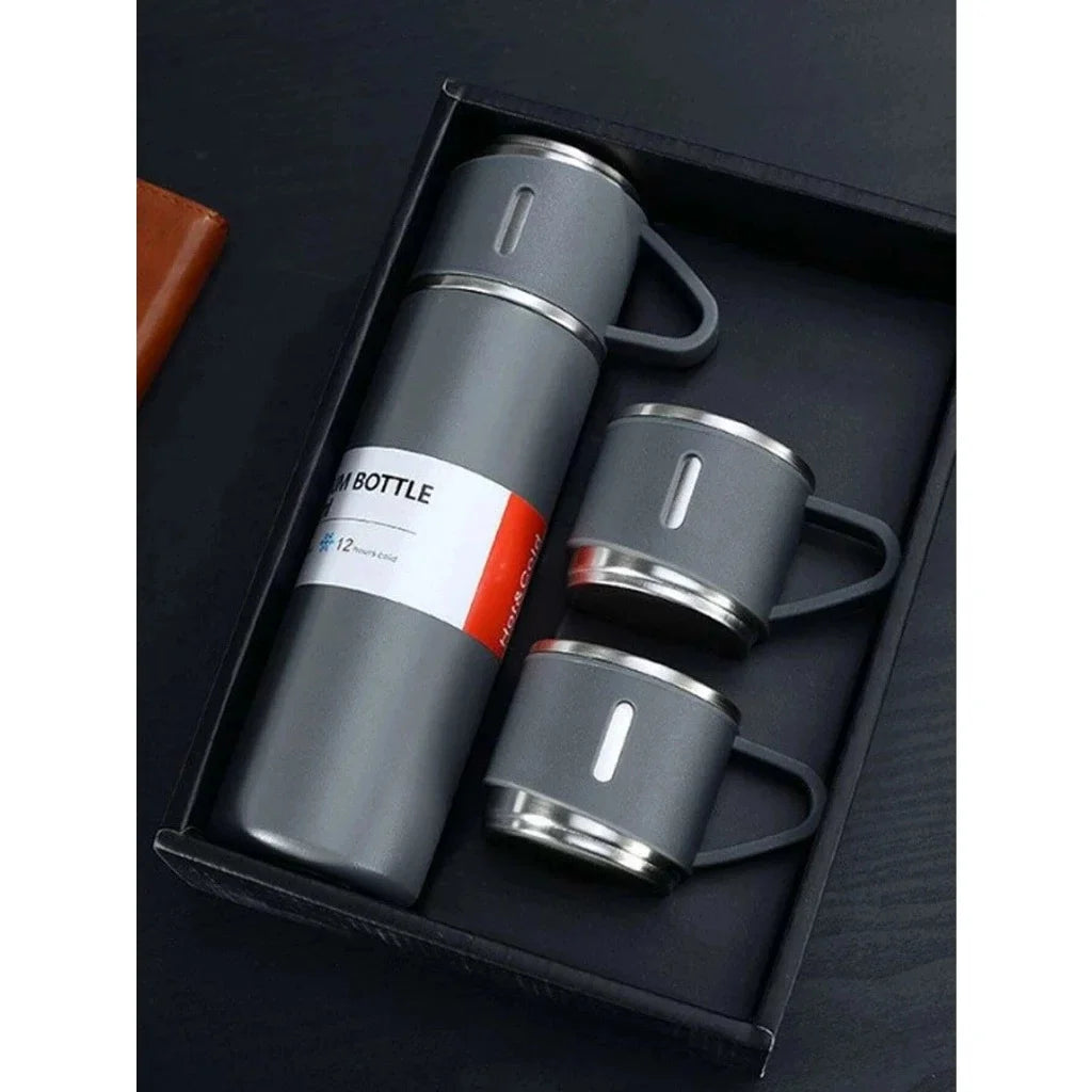 Kit Garrafa Térmica Vedação a Vácuo em Inox 500ml + 3 Xícaras